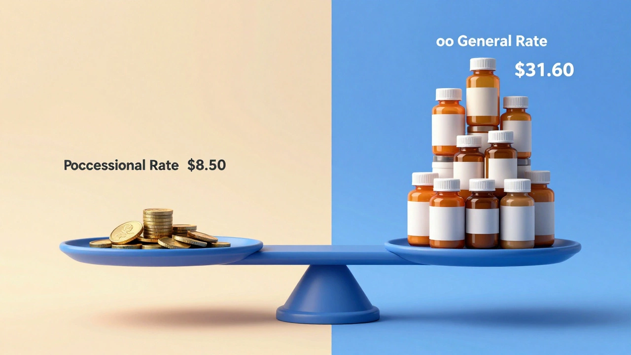 Metaphor of medicine costs balancing on a scale with coins