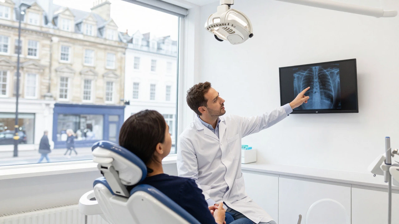 Patient consulting with dentist in a modern London clinic with city view
