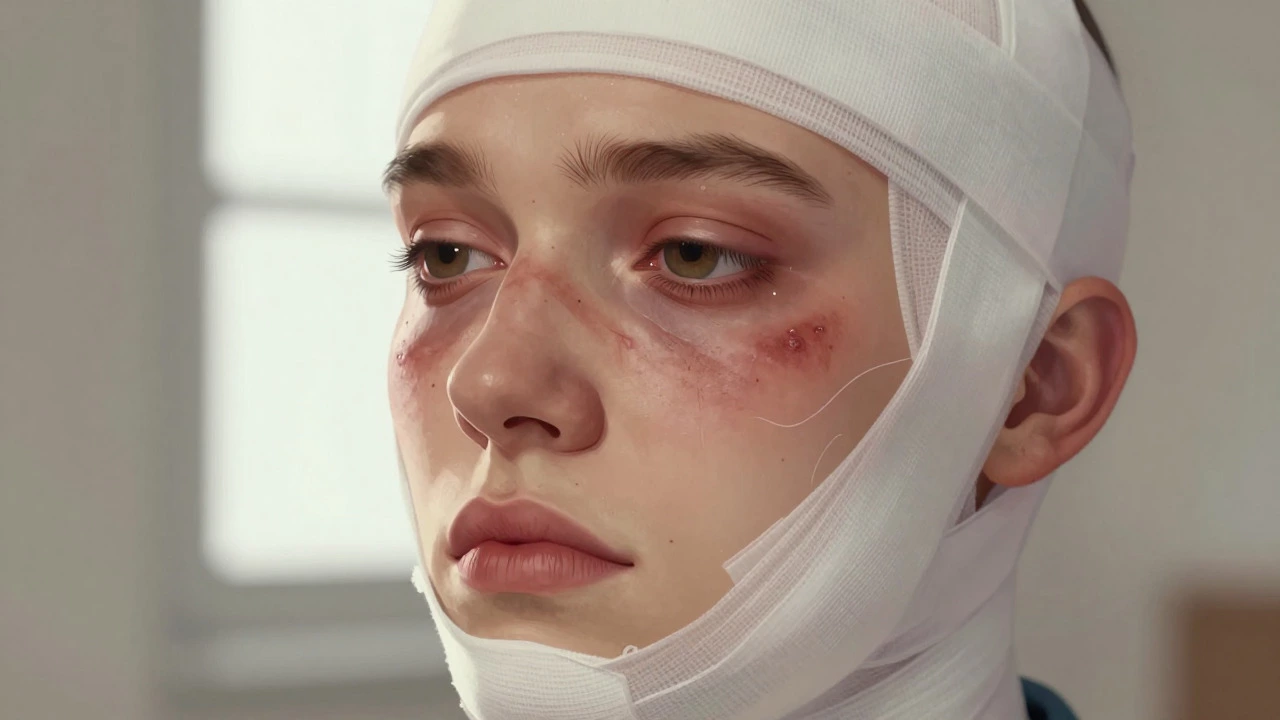 Patient recovering from facelift with bandages and bruising, showing emotional toll.