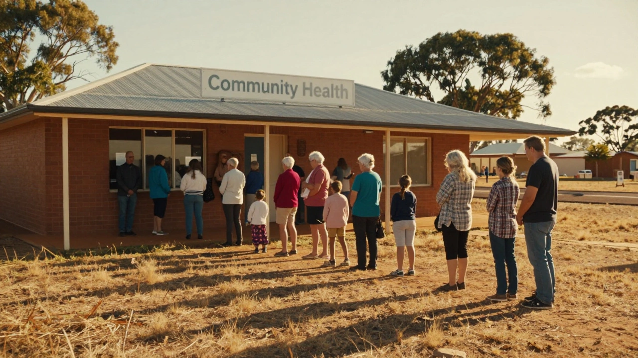 People waiting outside a rural community health center clinic