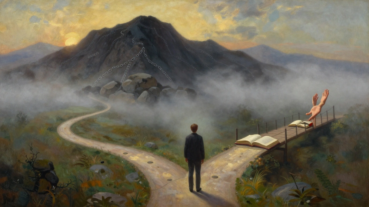 Person choosing path of negotiation over debt in misty landscape