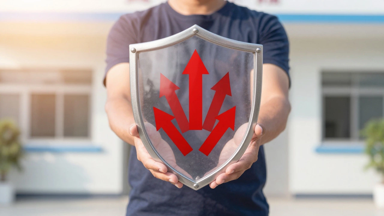 Person holding a shield against debt arrows near a hospital