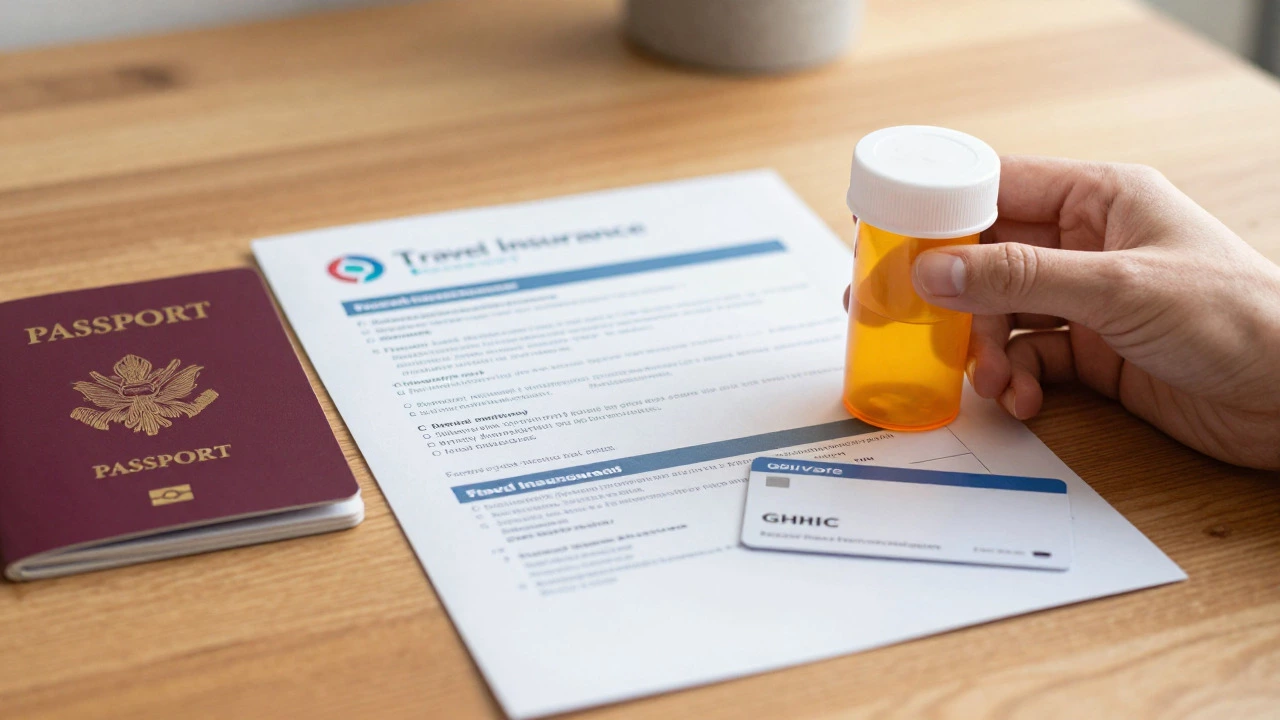 Prescription bottle, insurance policy, and passport on a desk