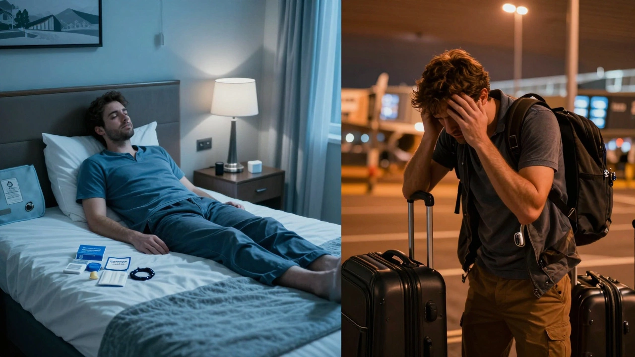 Split screen comparing safe local recovery vs stressful travel abroad