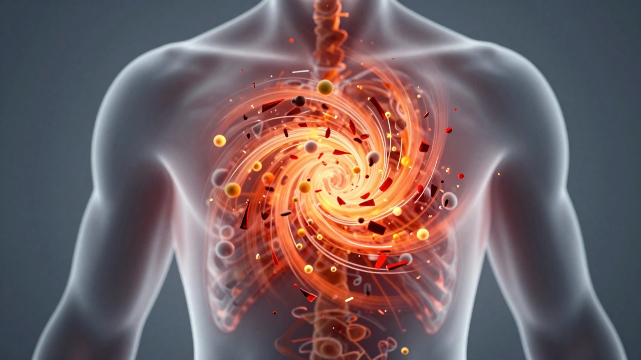 Abstract chemical storm inside a body silhouette representing inflammation