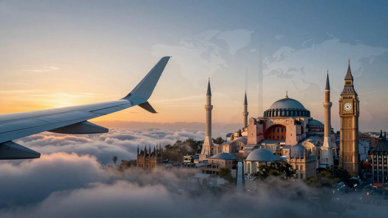 Airplane wing over clouds with blurred global city landmarks