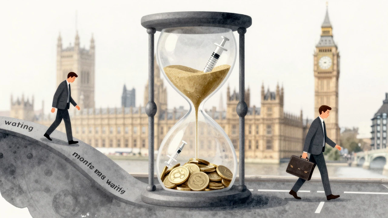 Artistic concept of an hourglass with coins and syringes symbolizing healthcare trade-offs