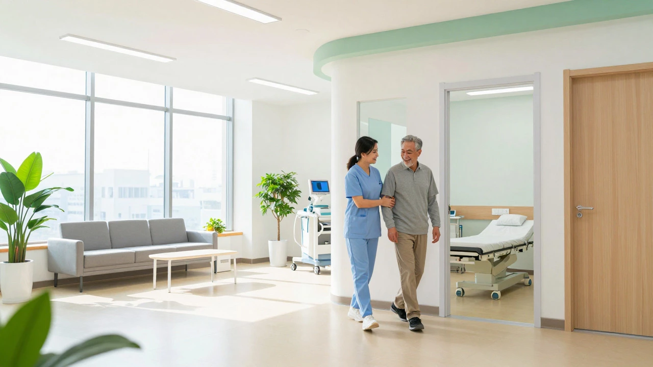 Bright, modern day-surgery center with patient recovering comfortably