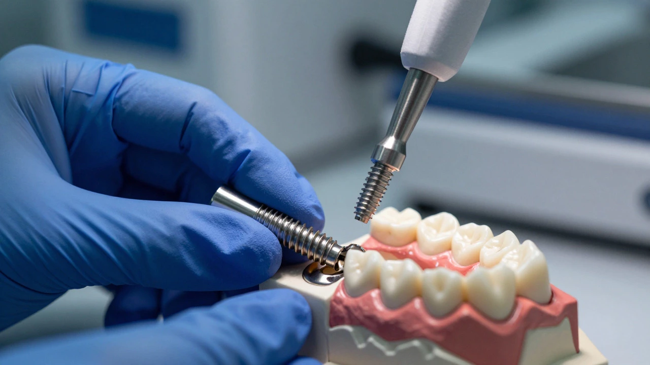 Close-up of a dentist's gloved hand placing a titanium dental implant
