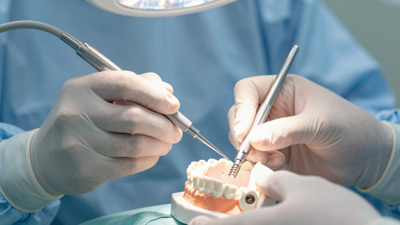 Close-up of a surgeon's hands using precise instruments during a dental procedure