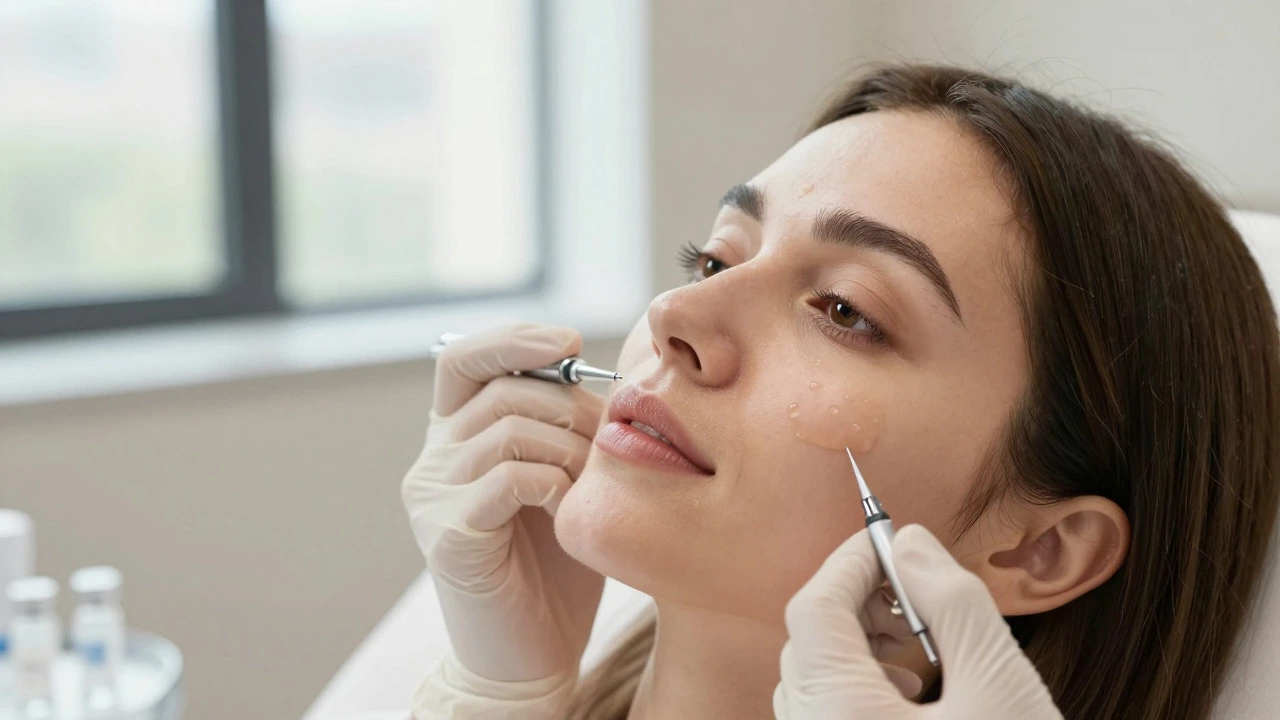 Close-up of woman receiving non-surgical facial injection in a bright, professional clinic
