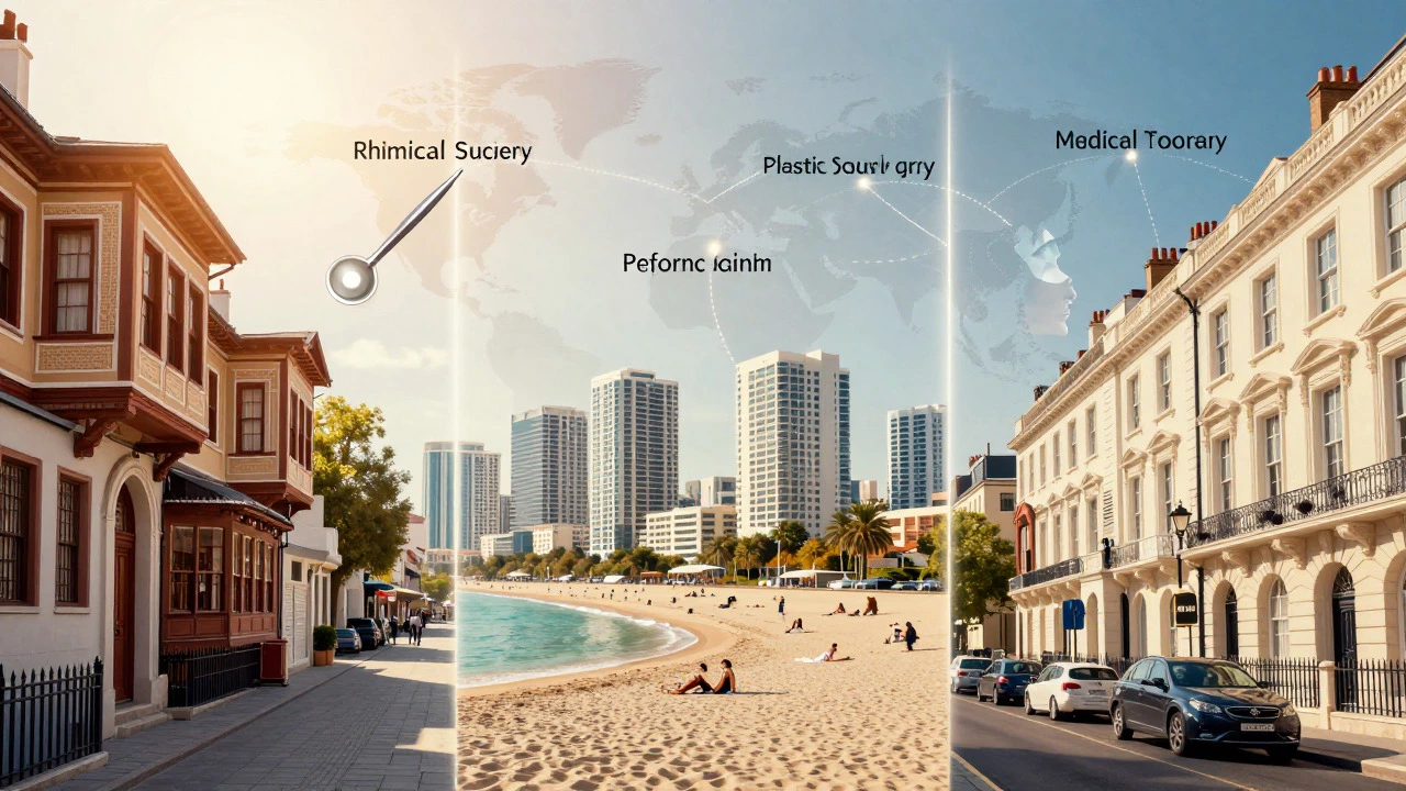 Collage of Istanbul, Miami, and London landmarks connected by lines, illustrating global medical tourism