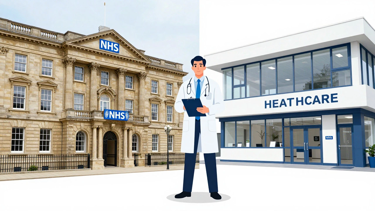 Conceptual art showing balance between NHS and private healthcare systems