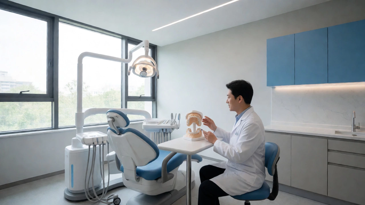 Dentist explaining jawbone model in modern clinic