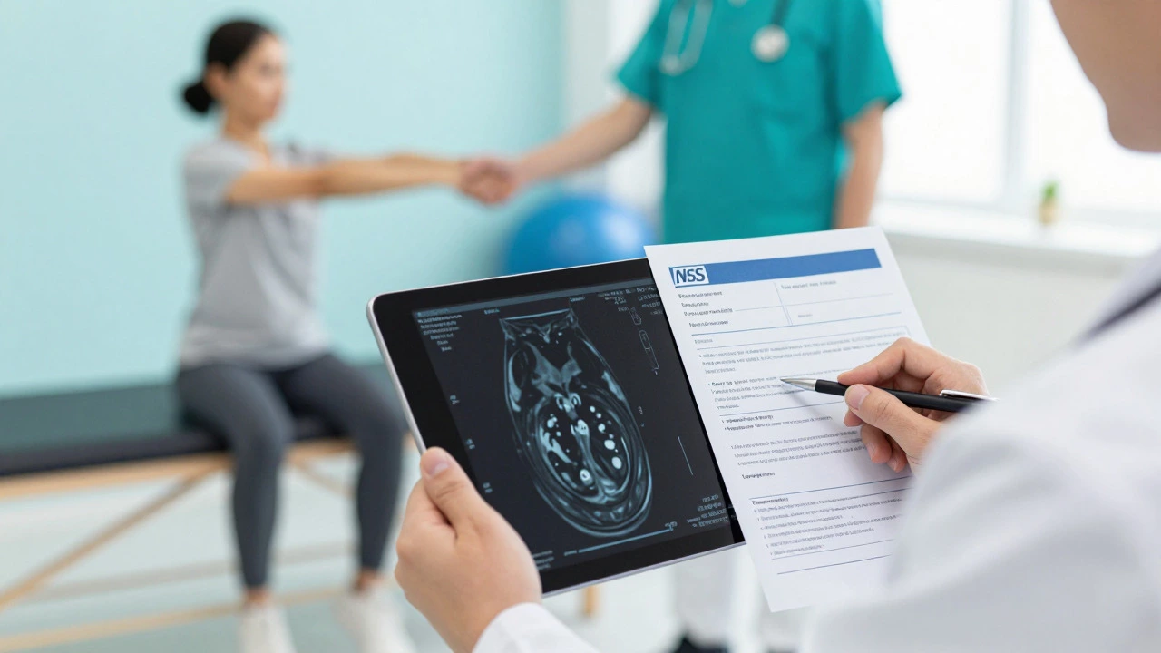 Doctor reviewing scan next to NHS form with patient exercising in background