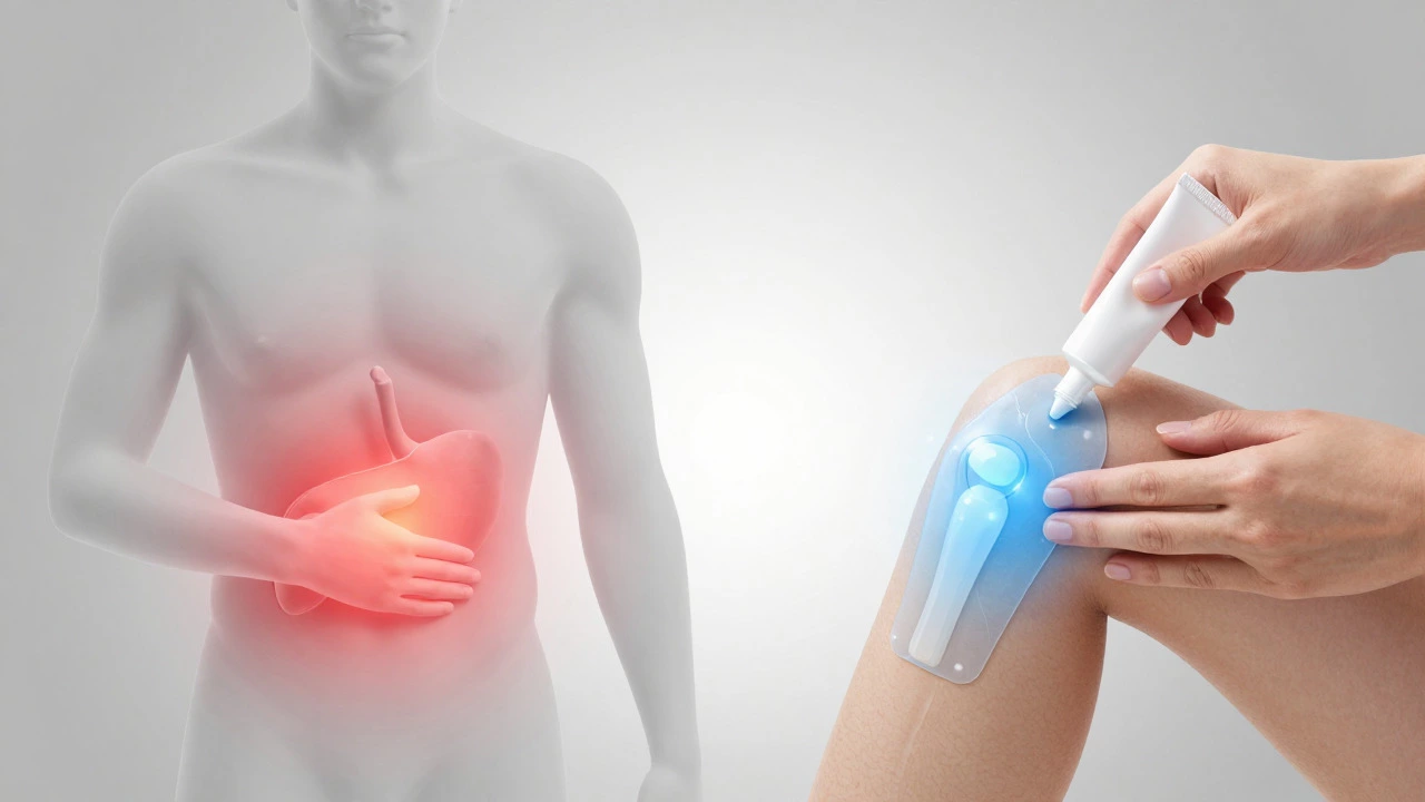 Illustration comparing internal stomach irritation vs topical knee relief