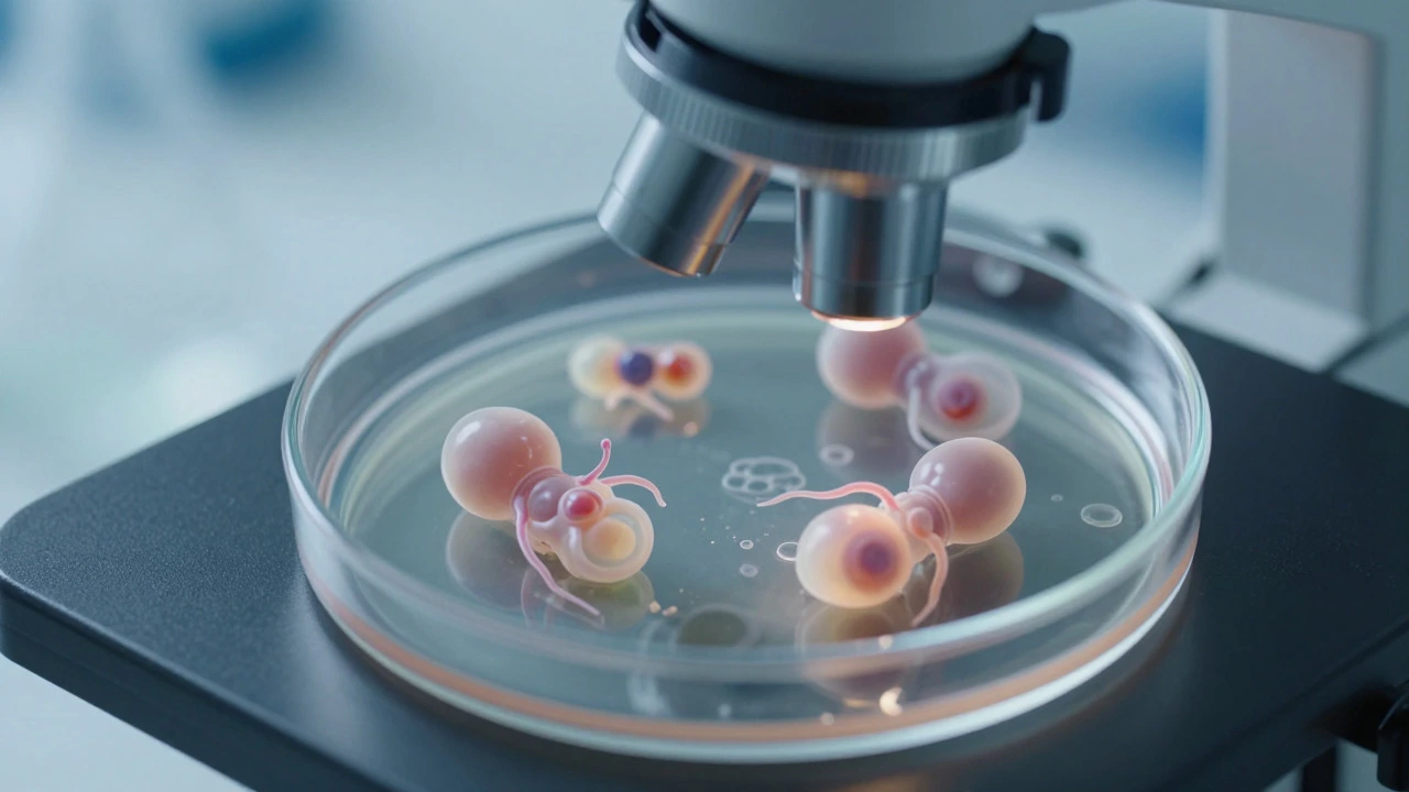 Microscopic view of developing embryos in a petri dish during IVF