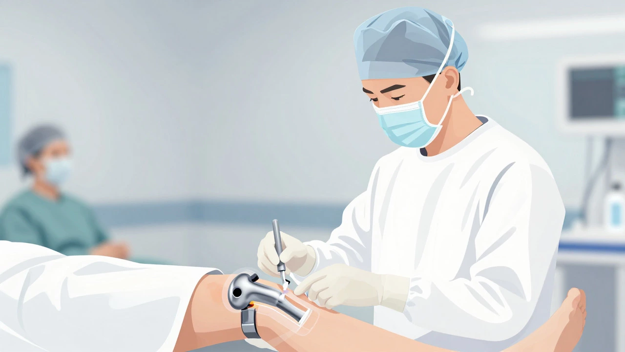 Orthopedic surgeon inserting a knee joint implant during surgery