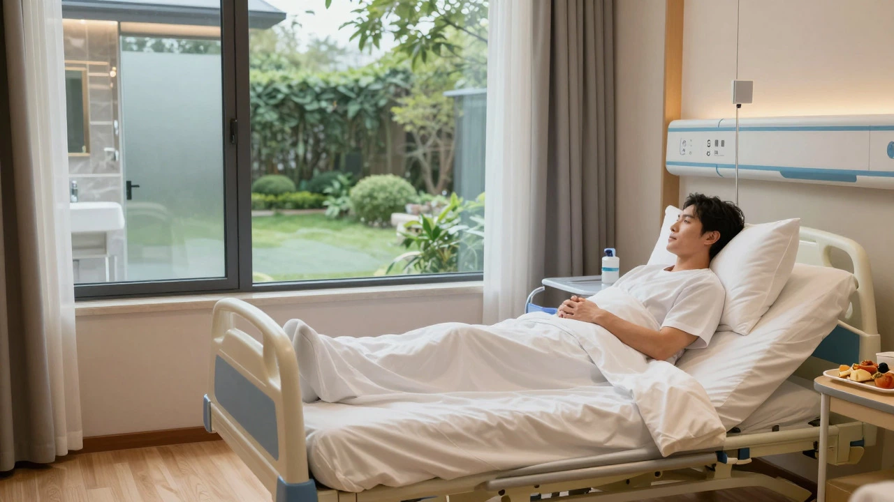 Peaceful single-room private hospital suite with garden view and meal tray