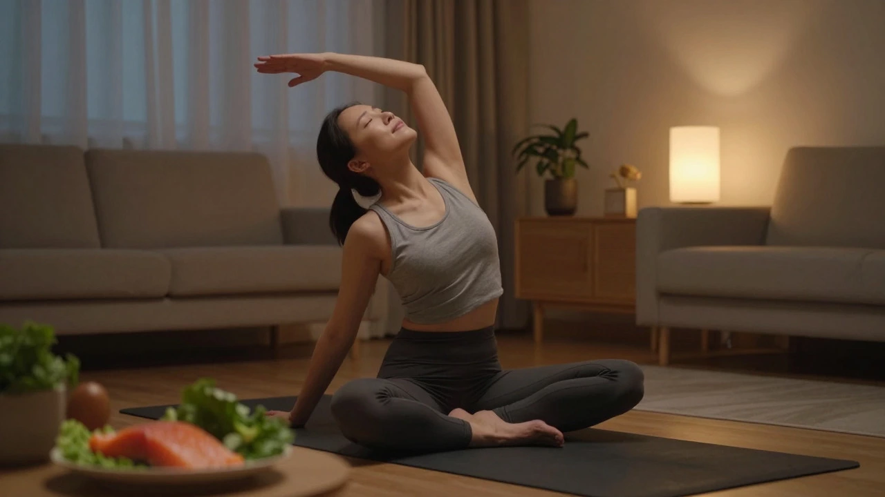 Person practicing yoga in a calm room with healthy food nearby