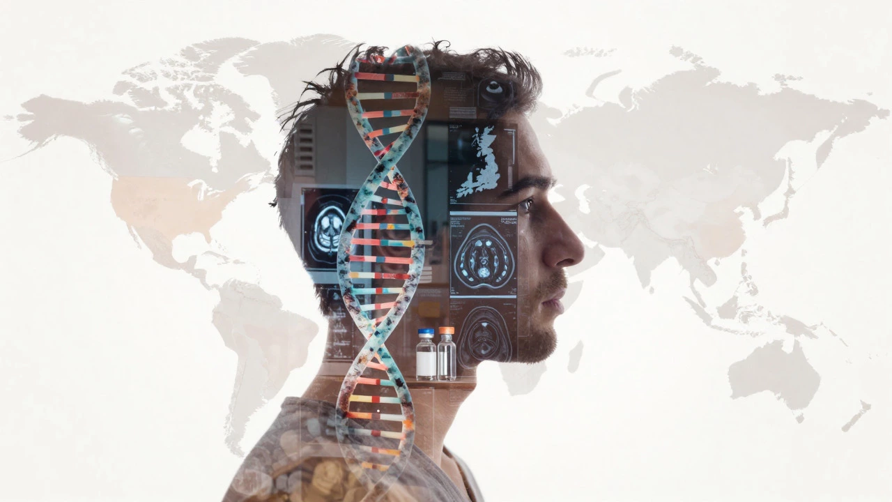 Silhouette blending medical tech with symbols of health inequality