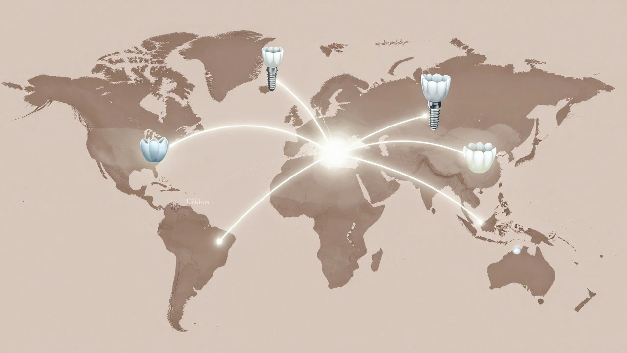 Stylized world map showing connections between countries for dental tourism services