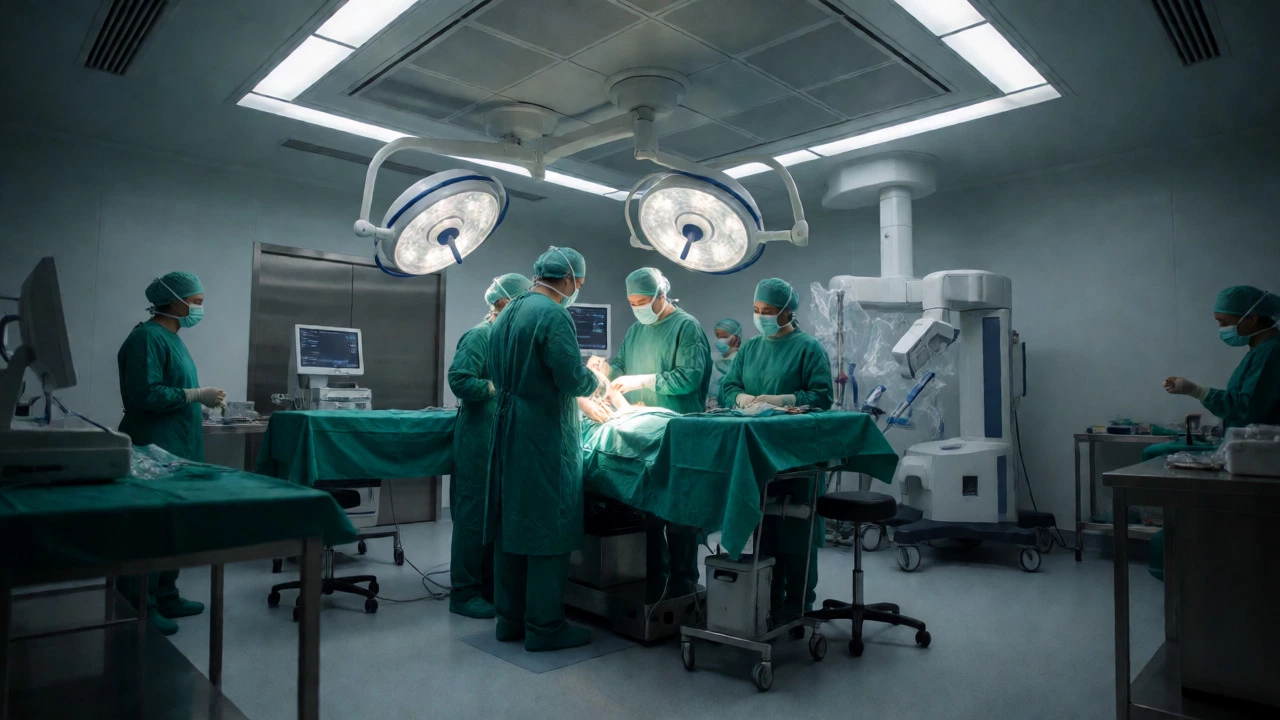 Surgeons performing knee replacement in modern theatre