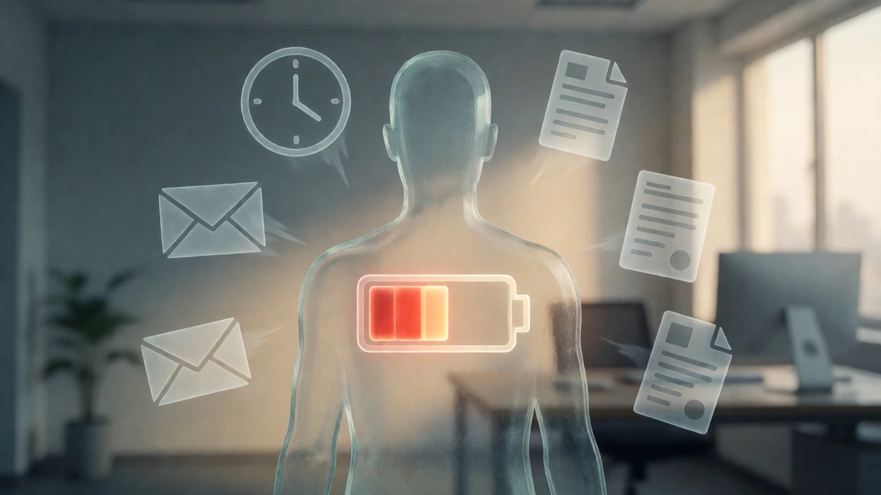 Conceptual art of a transparent human figure with a low-energy battery inside, surrounded by stress symbols.