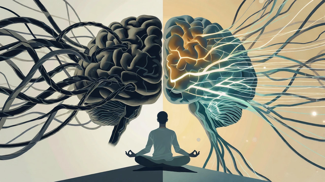 Conceptual art showing a brain rewiring from tangled pain signals to calm neural pathways.