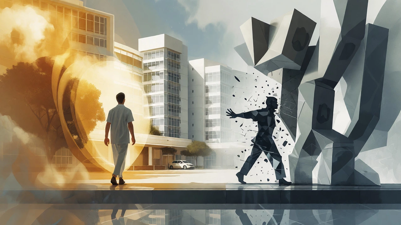 Conceptual art showing insured vs uninsured paths to healthcare access