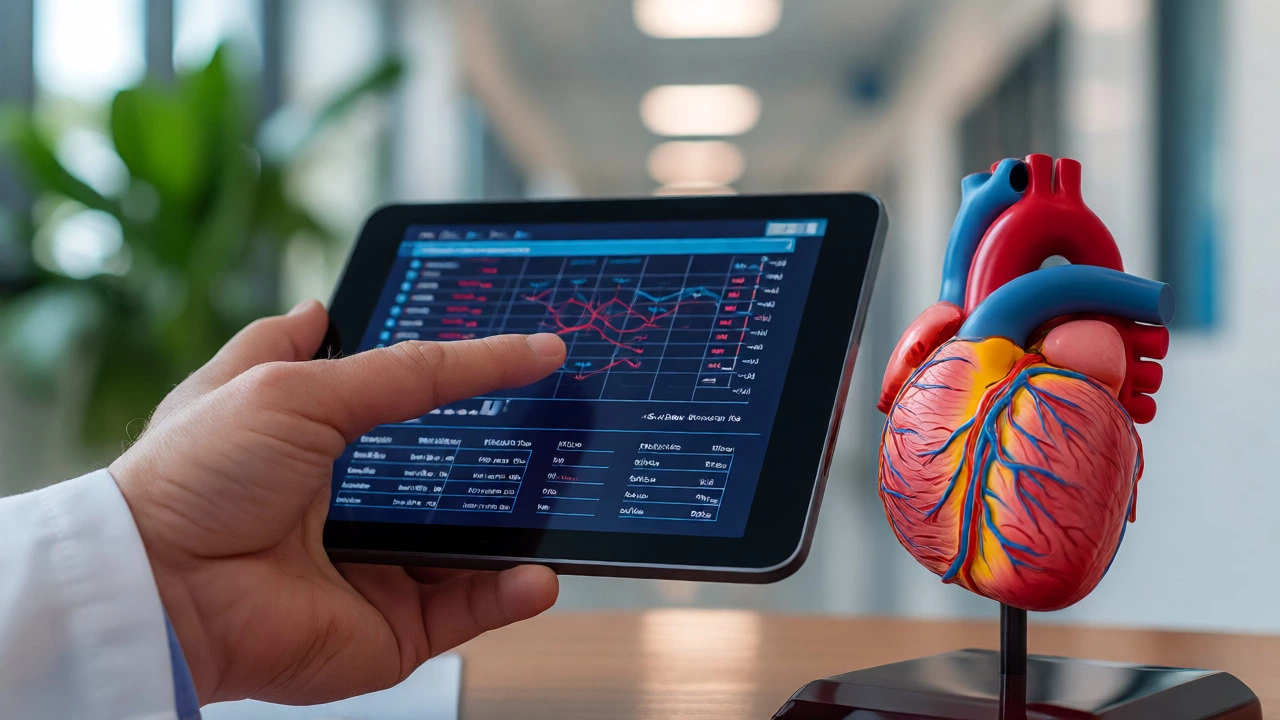Doctor analyzing genomic data next to an anatomical heart model