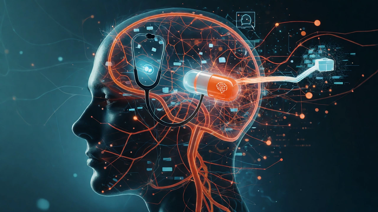 Double exposure of a human head with digital health icons and neural networks.