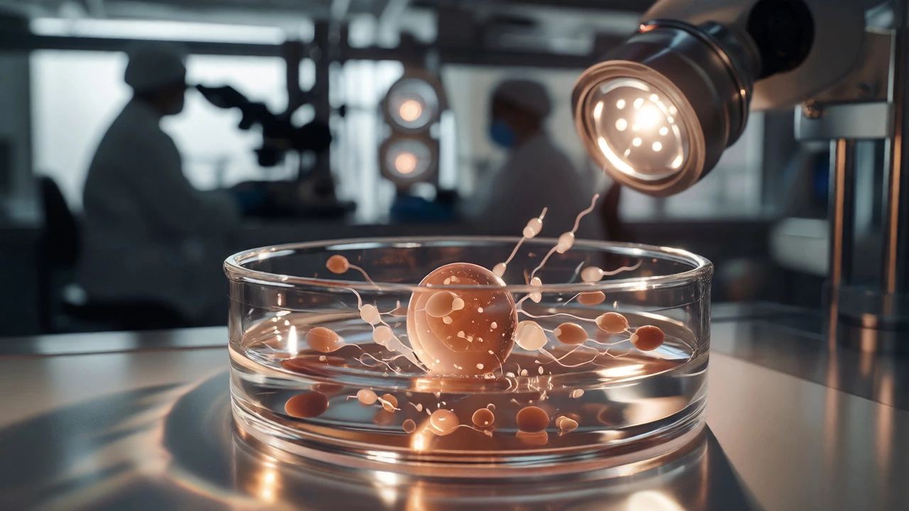 Eggs and sperm in petri dish within IVF laboratory