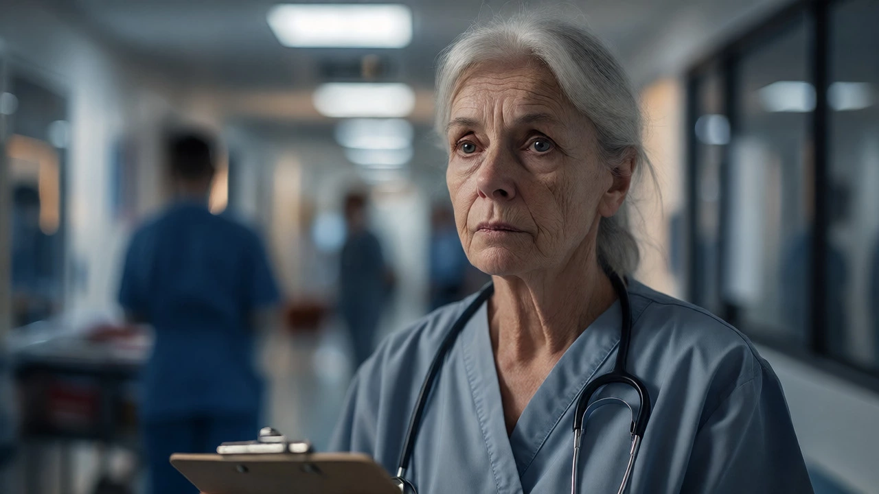 Exhausted senior doctor resting in a dimly lit hospital corridor