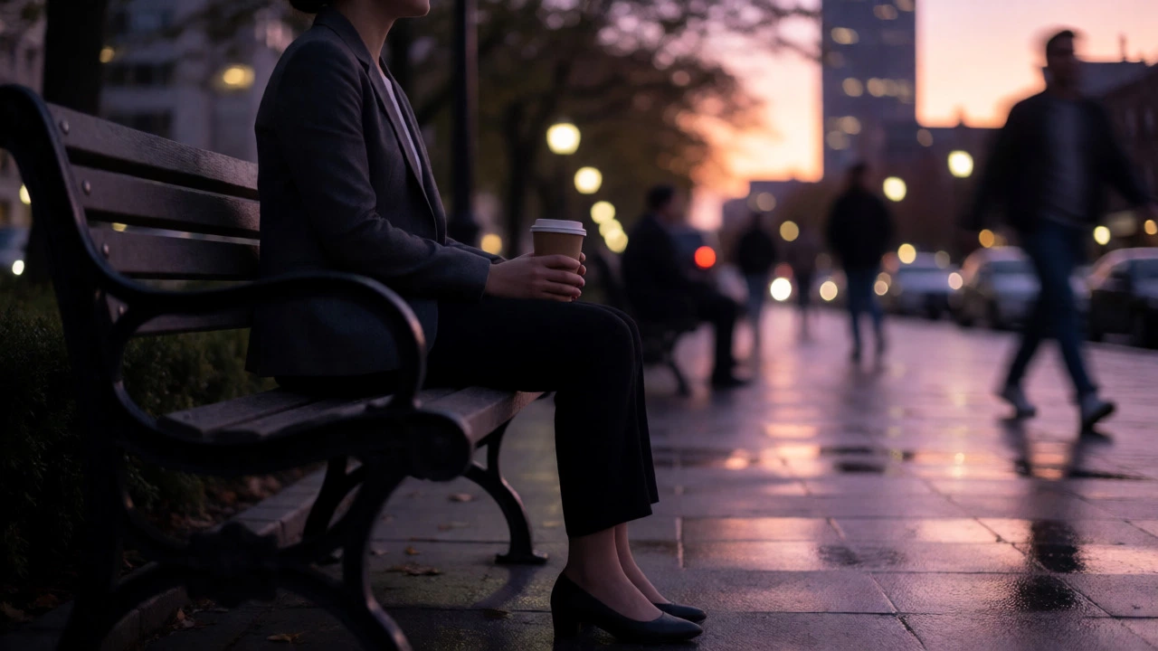 Professional looking person sitting alone on a park bench at dusk, appearing calm but internally exhausted.