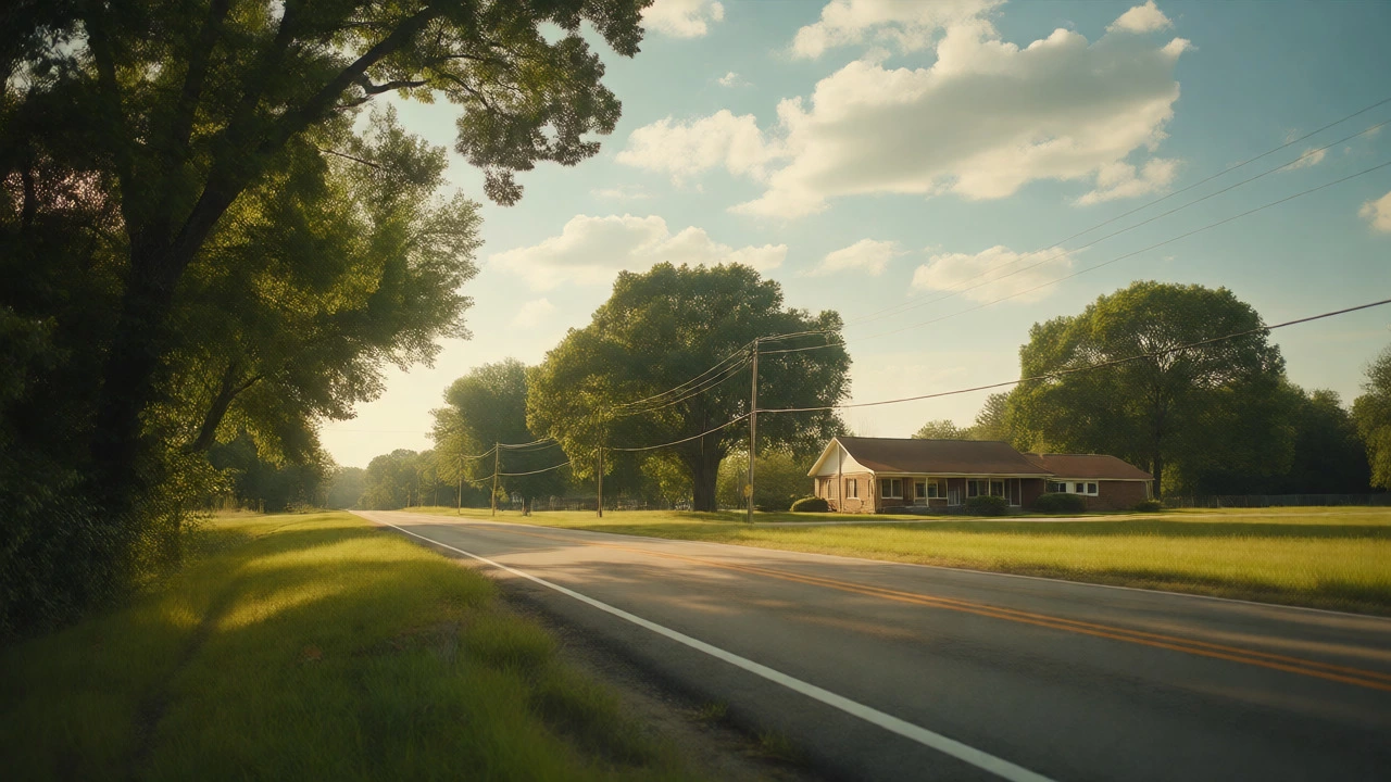 Scenic rural road leading to a small-town dental clinic