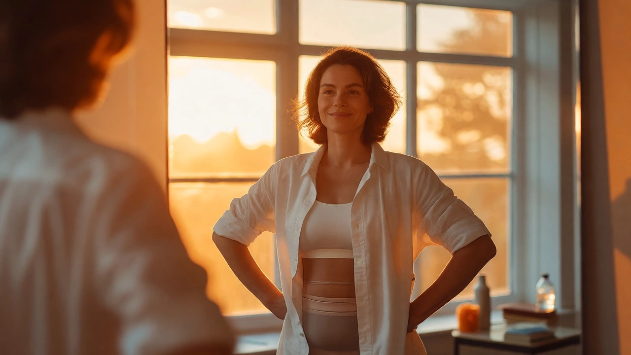 Smiling person in compression garment standing by a window
