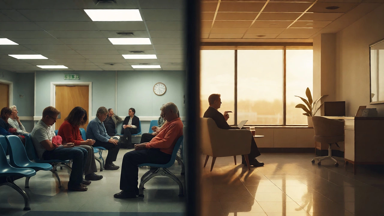Split view comparing crowded public waiting rooms with private clinics