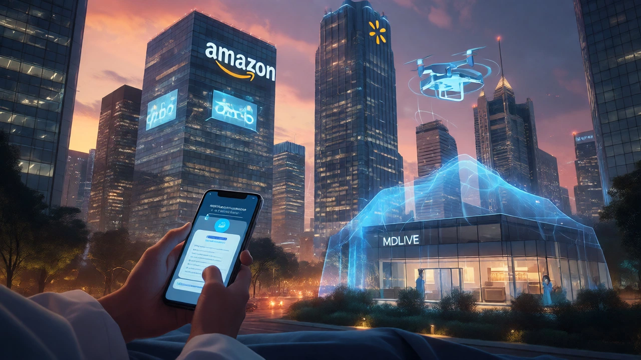 Urban scene with a patient and smartphone against a backdrop of tech company towers.