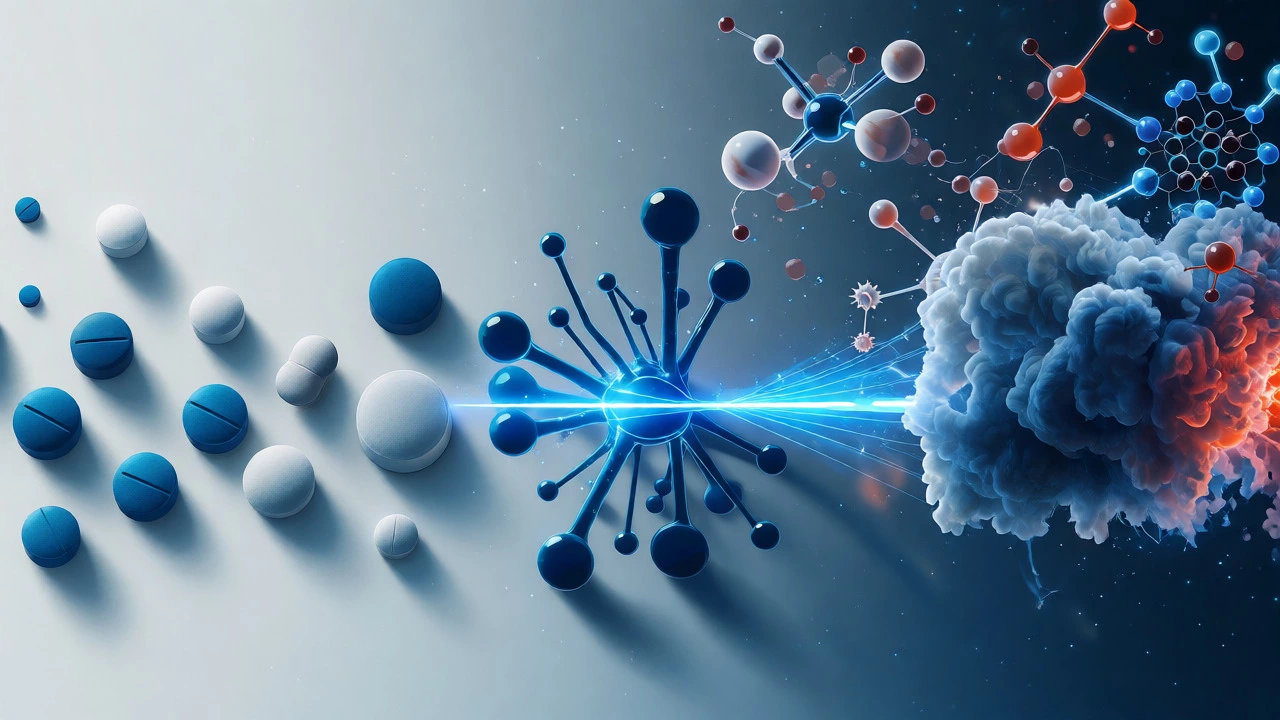 Abstract visualization of anti-inflammatory drug hierarchies from pills to biologics.