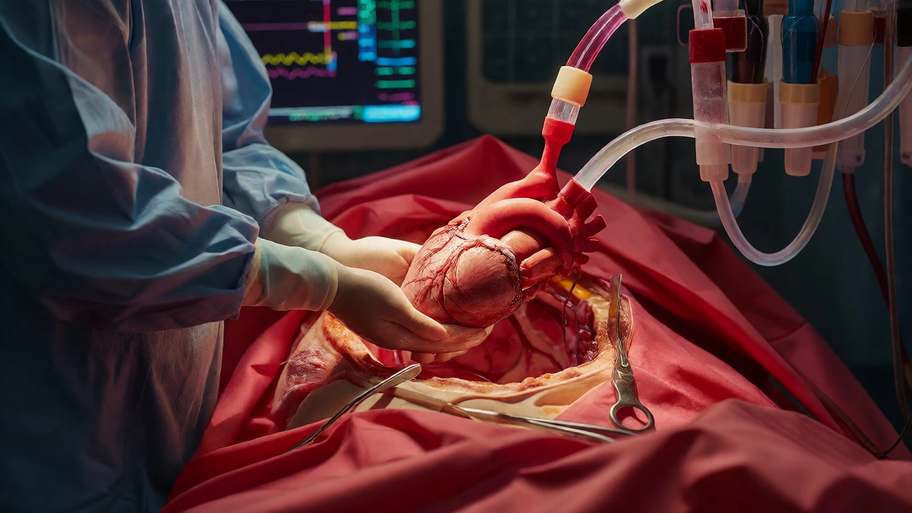 Cardiac surgeon holding an exposed human heart during a bypass operation with machines nearby.