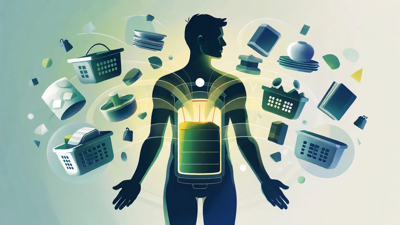 Conceptual art of balanced energy levels while managing daily tasks through pacing.