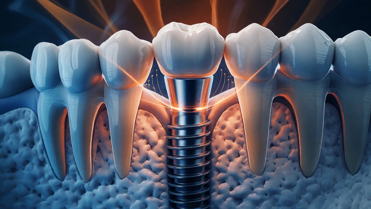 Conceptual illustration of biomechanical forces on a dental implant supporting multiple teeth.