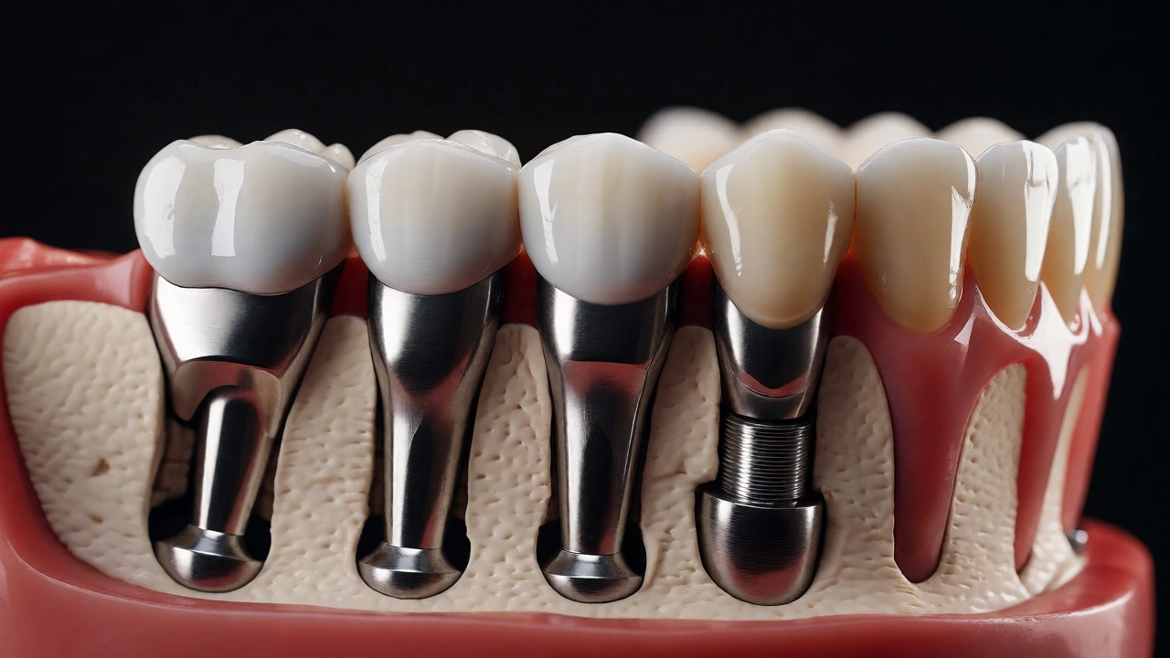 Cross-section view of an All-on-4 implant system supporting a full arch of teeth in the jaw.