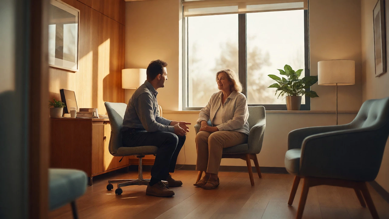 Doctor and patient having a relaxed consultation in a private clinic.
