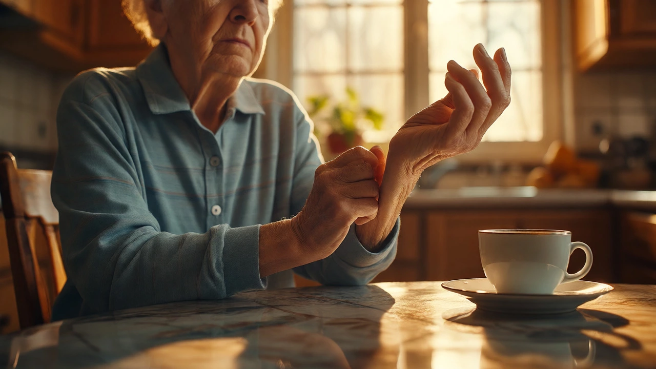 Elderly person rubbing a stiff wrist while holding coffee in a sunlit kitchen.