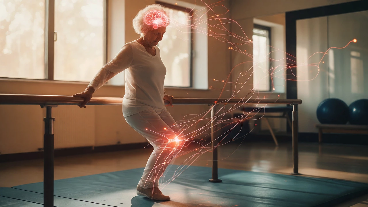 Elderly woman practicing balance on parallel bars with neural pathway visualization.