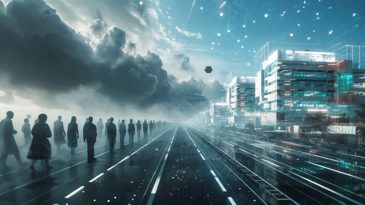 Empty digital highway leading to glowing advanced medical facilities.