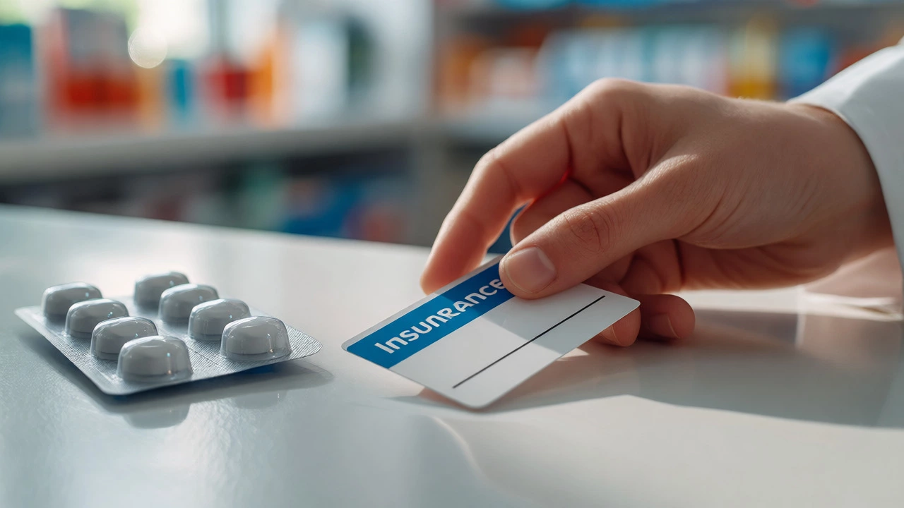 Hand placing insurance card next to medication