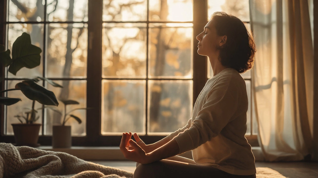 Individual practicing mindful breathing and stretching in sunlit room for active recovery.